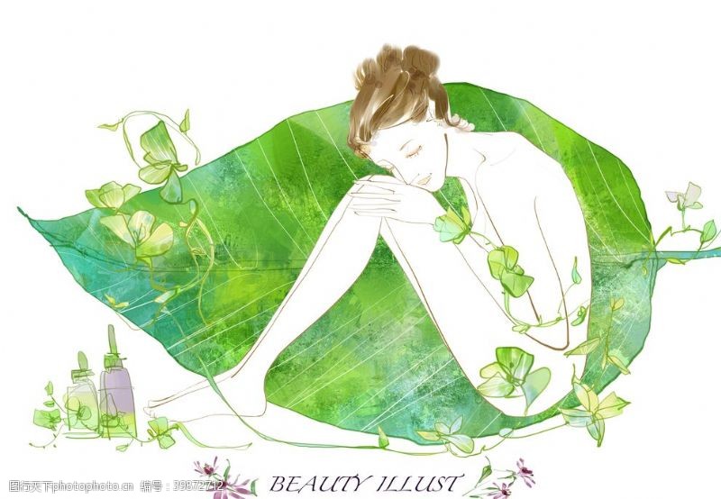 韩式水彩树叶上的女人插画图片