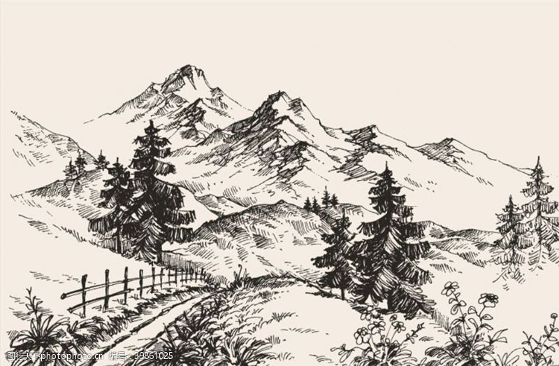 手绘树木素描山地景观图片