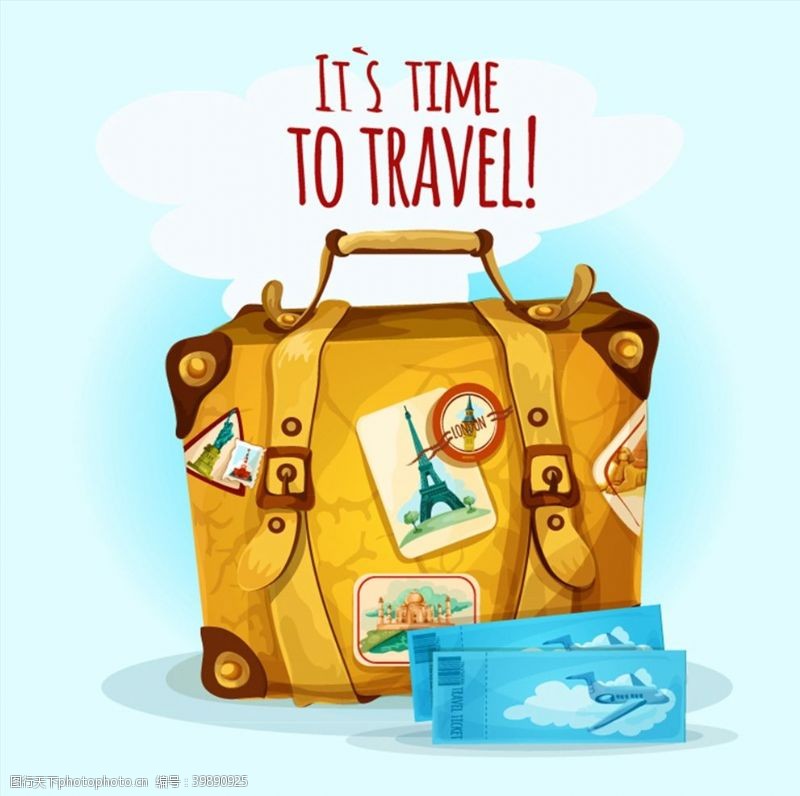 旅行矢量素材行李箱和飞机票图片