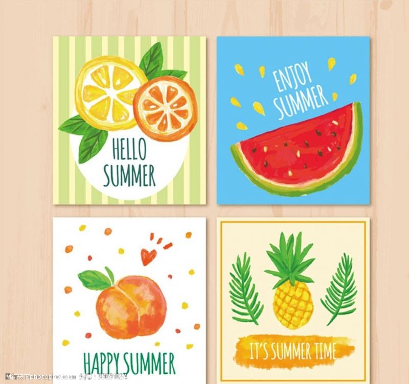 矢量水果素材彩绘夏季水果卡片图片