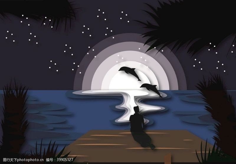 海豚插画风唯美背景图片