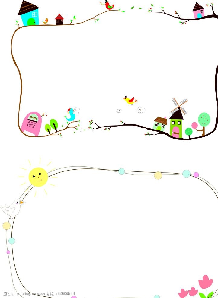 树枝小鸟童趣卡通边框图片