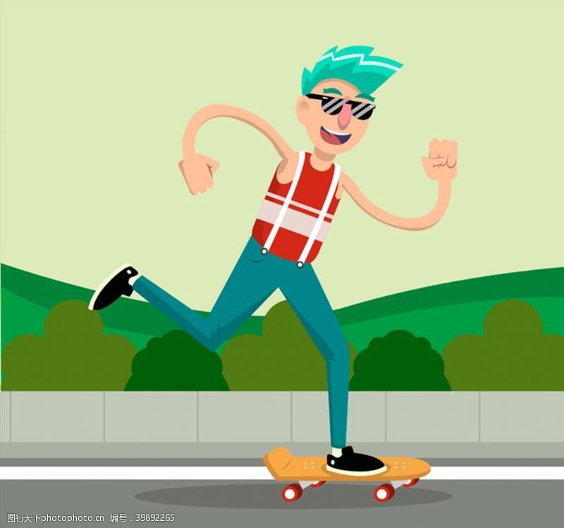 木板路玩滑板的蓝发男子图片
