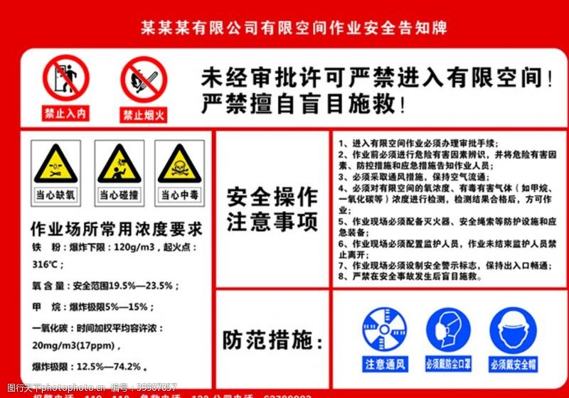 戴安全帽有限空间作业安排告知牌图片