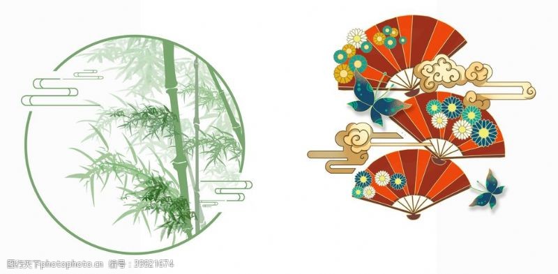 竹子元素扇子蝴蝶竹子绿色中国风图片