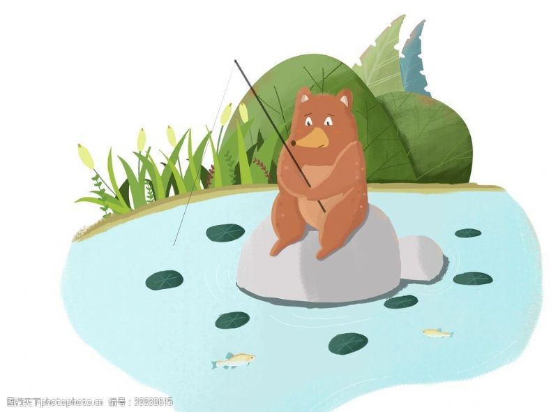 春季小熊钓鱼插画图片