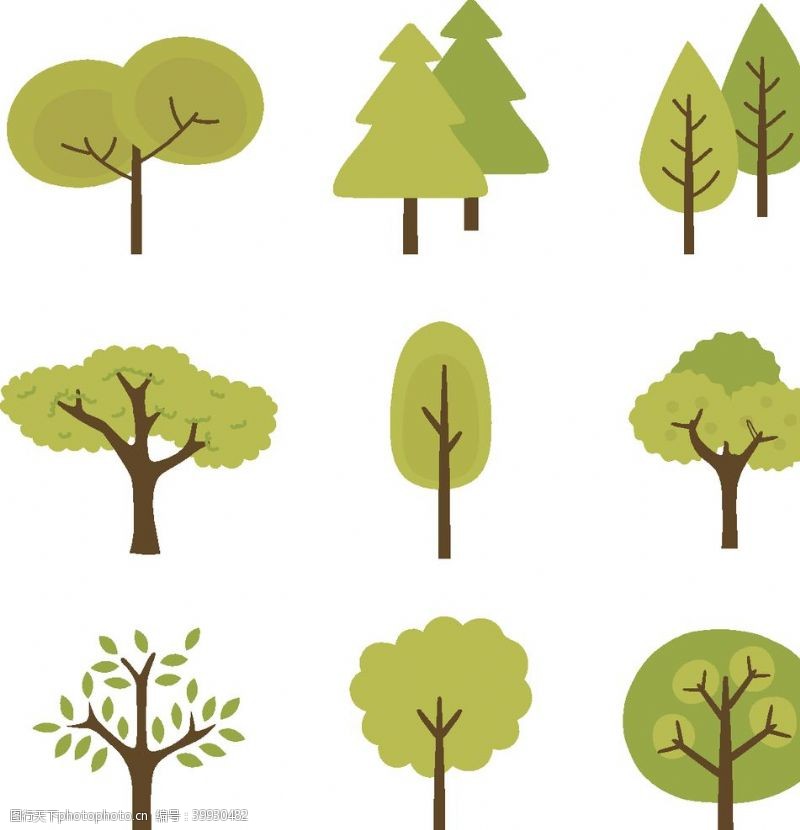 彩绘绿色树叶卡通树矢量图图片