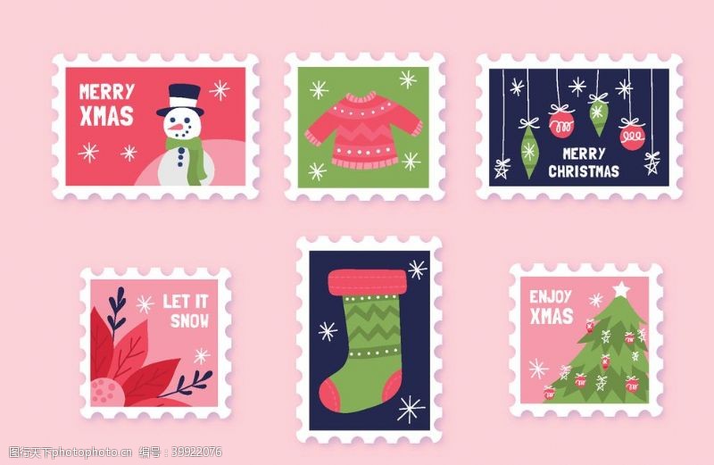 邮票设计圣诞节卡通邮票矢量素材图片