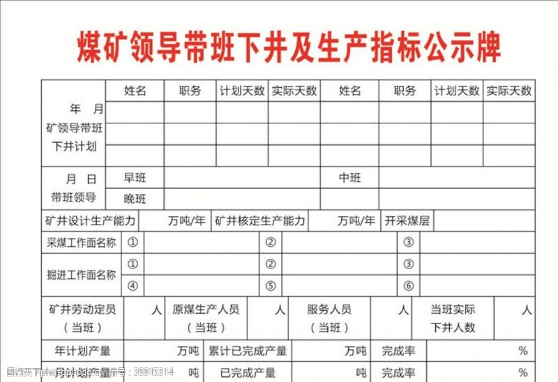 煤矿下井及生产指标公示牌图片