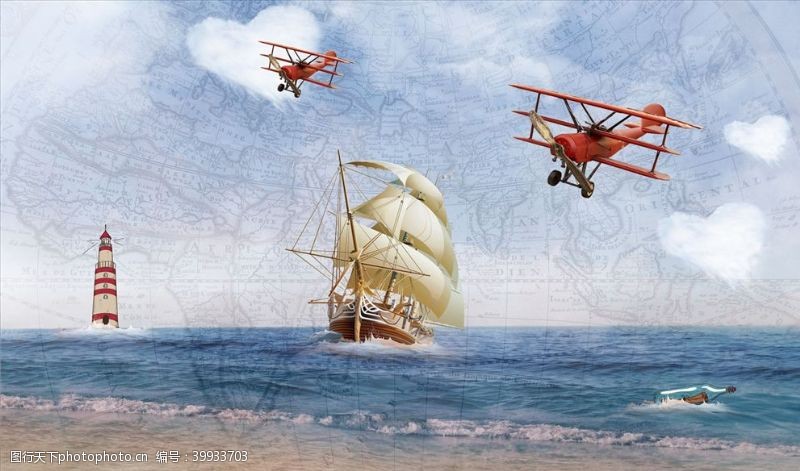 大海灯塔飞行器帆船背景墙图片