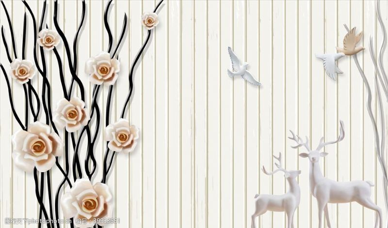 浮雕花鸽子鹿背景墙图片
