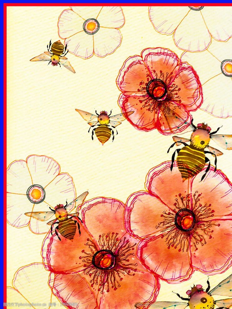 手绘绿叶蜜蜂花朵图片