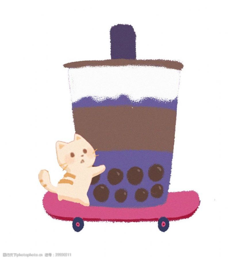 卡通牛油果奶茶小猫插画图片