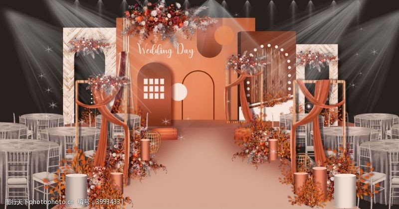 白色木纹背景秋色婚礼主舞台效果图图片