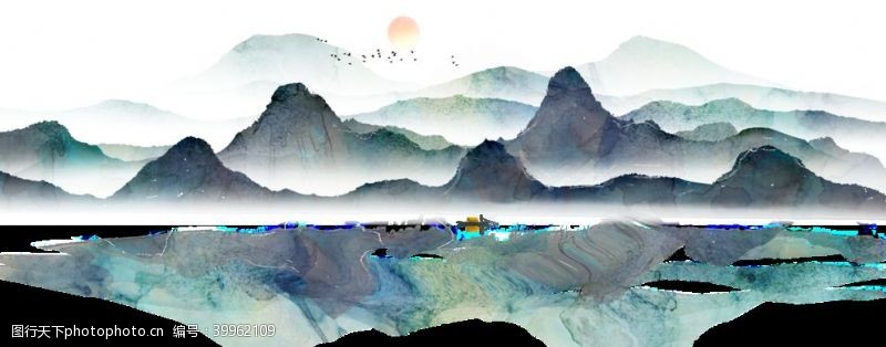新中式背景墙山水画图片