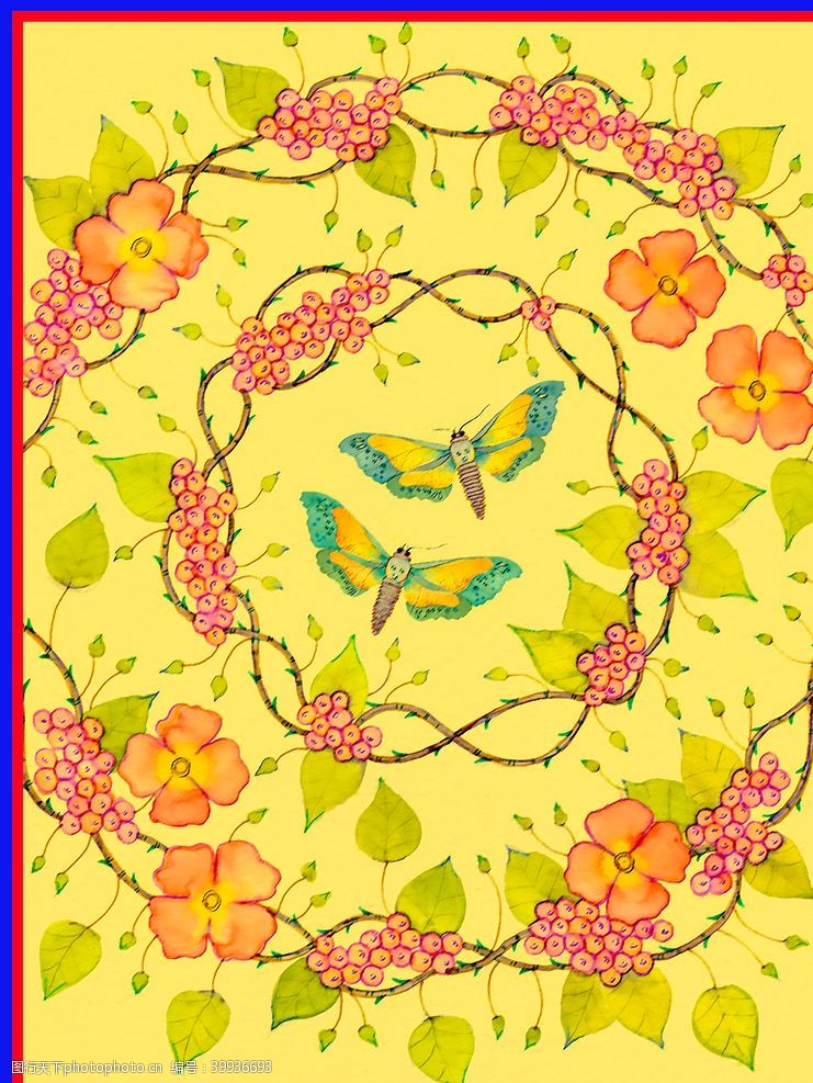树叶花朵边框手绘蝴蝶图片