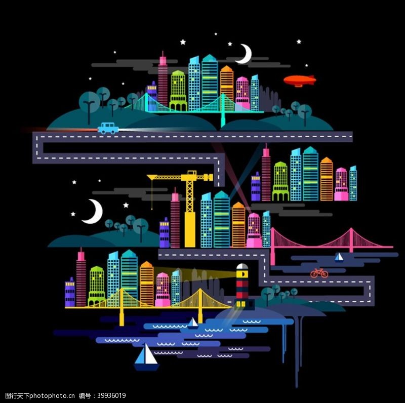 夜港夜晚的城市插画图片