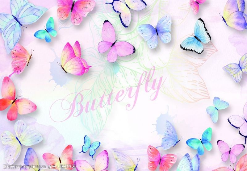水彩蝴蝶彩色立体蝴蝶背景花墙装饰图图片