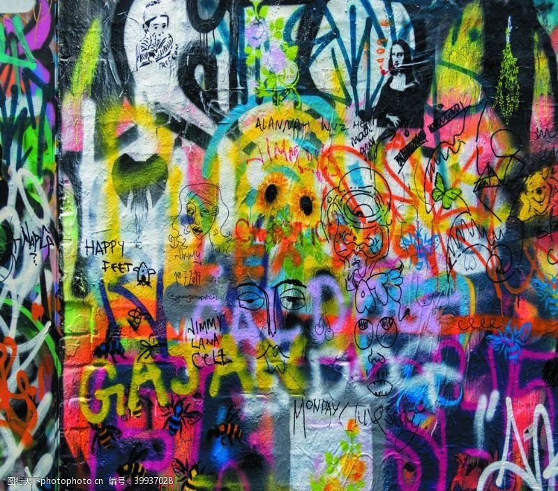 垃圾桶彩色人像蜜蜂文字涂鸦装饰墙体画图片
