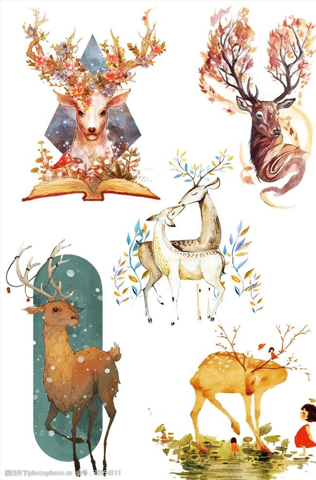 萌动圣诞卡通水彩麋鹿元素素材图片
