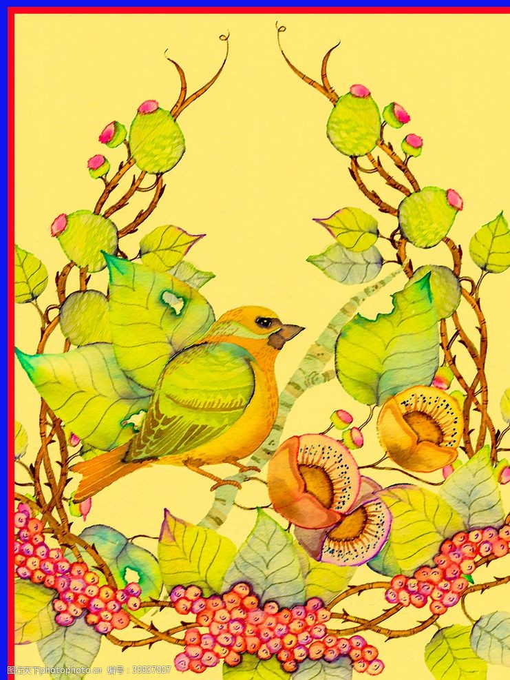绿色茶手绘叶子鸟图片