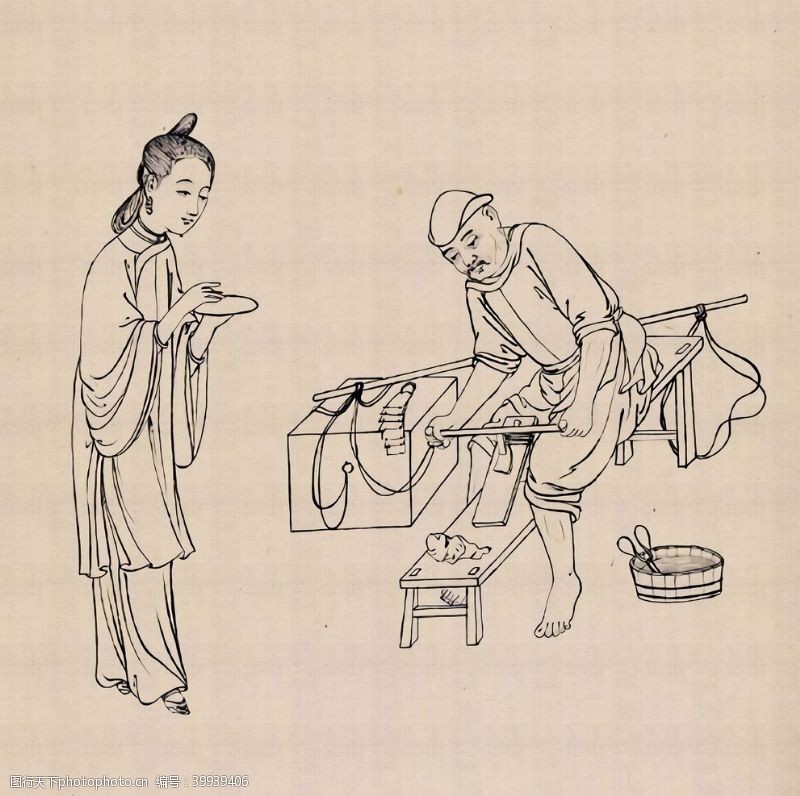 三人行中国传统文化三十六行手绘线描画图片