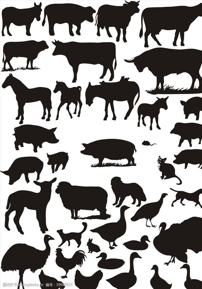 动物卡通各种牲畜家禽剪影矢量图图片