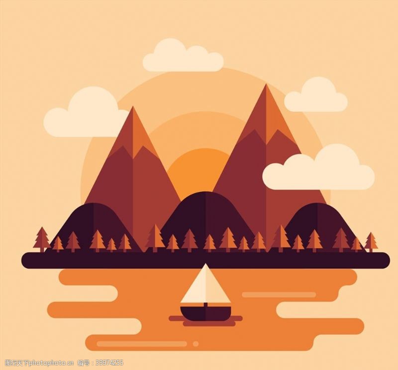 帆船山与河流风景图片