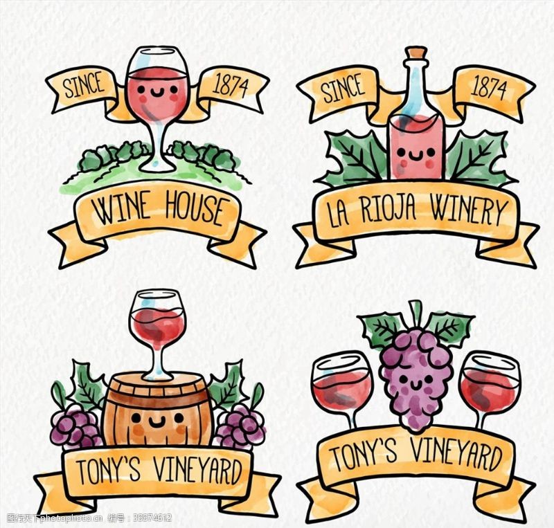 酒杯图标手绘葡萄酒标签图片