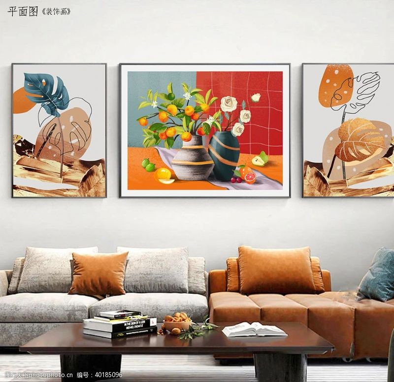 简约沙发北欧重彩手绘花卉客厅装饰画图片
