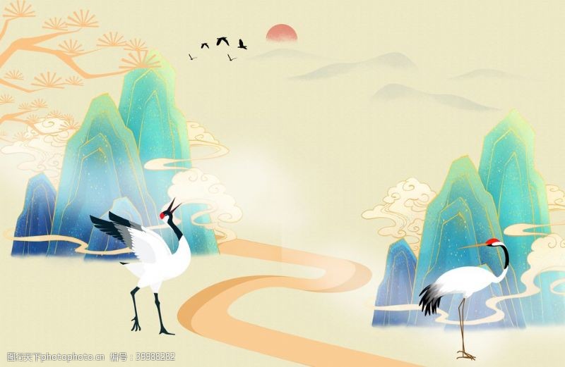新中式背景墙鹤图片