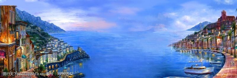 景观手绘效果图全景海湾港湾壁画设计范图图片