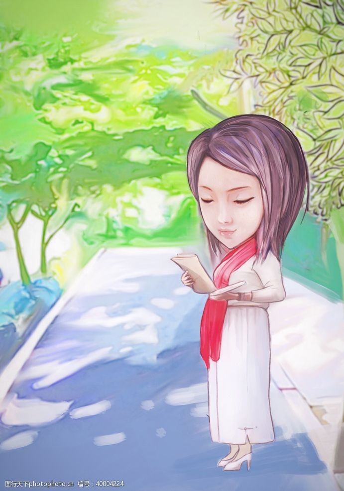 原创手绘作品晨读的知性少女插画图片