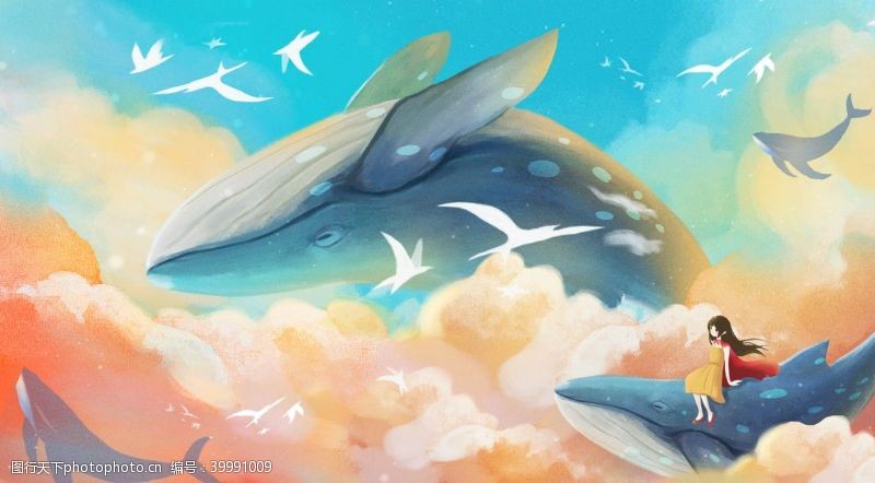 蓝色彩卡鲸鱼插画图片