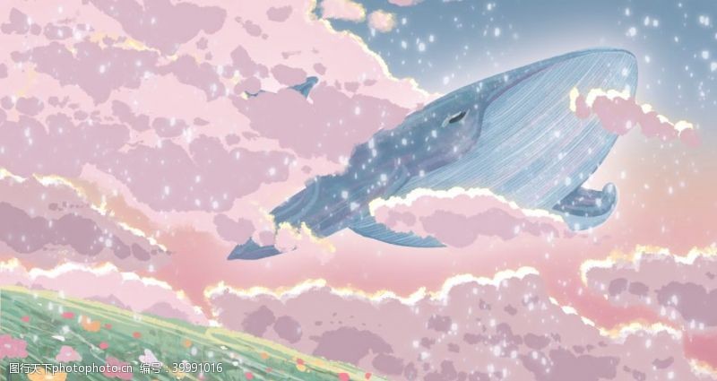 手绘小女孩梦幻鲸鱼插画图片