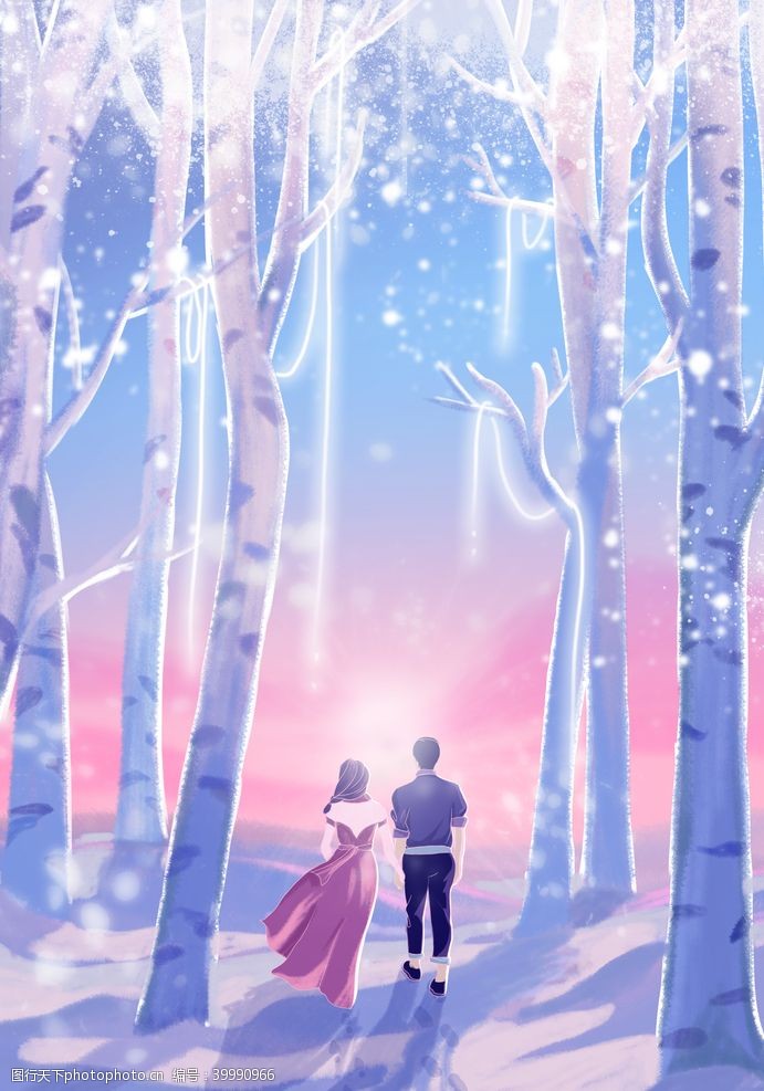 手绘唯美星空插画森林里散步的情侣唯美图片