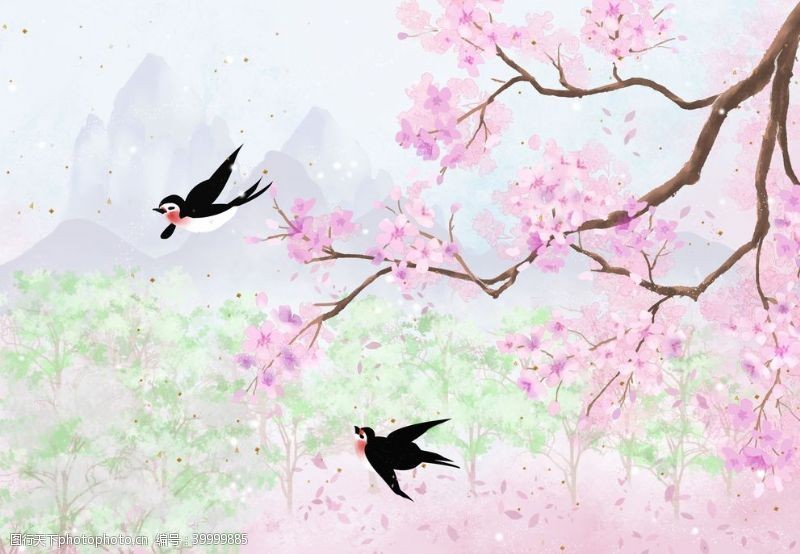 春天背景墙手绘樱花图片