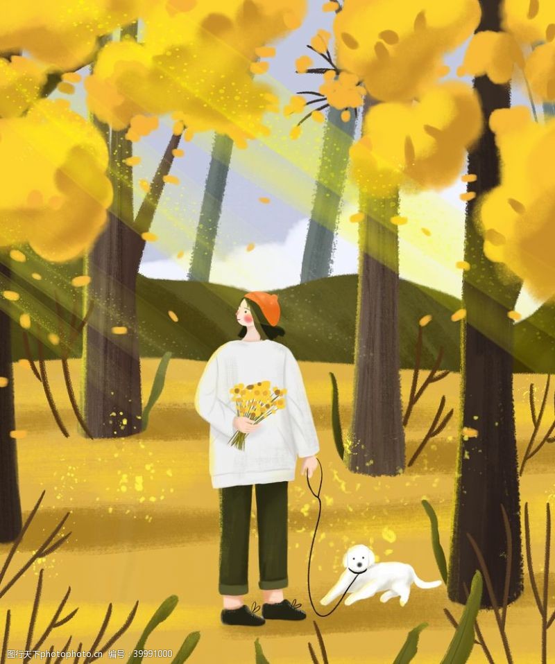 漫画狗树林里女孩和小狗插画图片