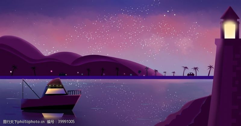 湖泊夜景最美湖边风景插画图片