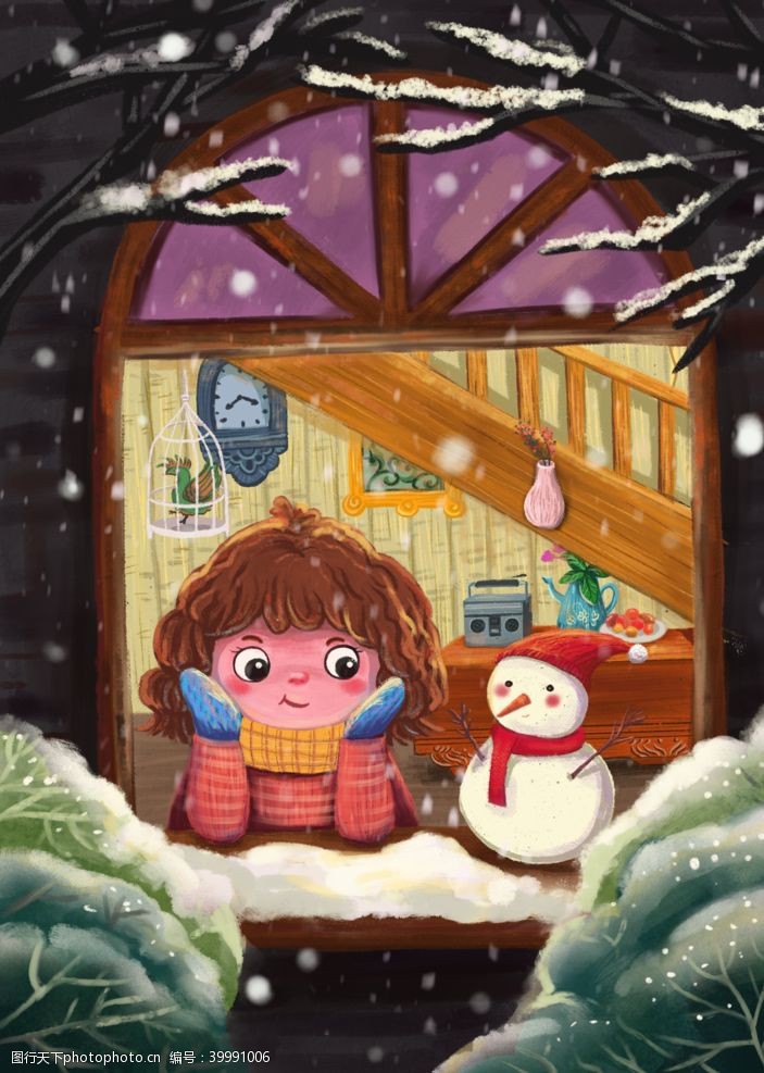 卡通树木冬天雪人场景插画图片