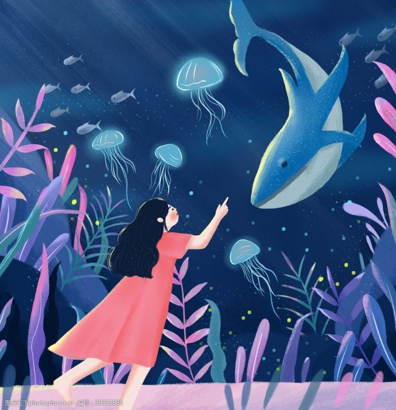 梦幻鲸鱼女孩与日落治愈系插画图片