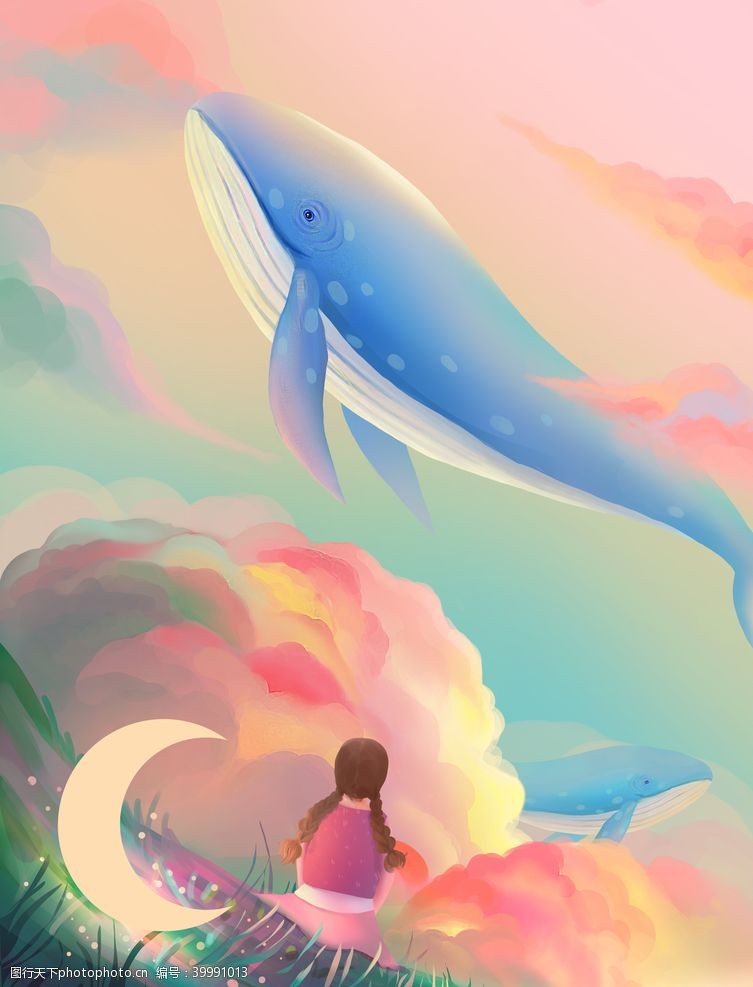 梦幻海底世界梦幻鲸鱼女孩与日落治愈系图片