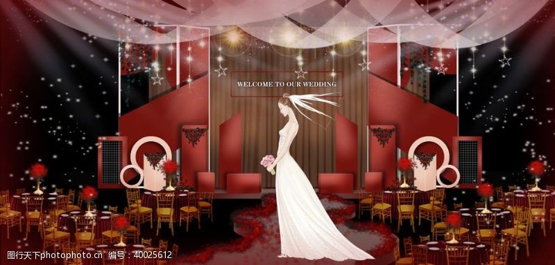 欧式舞台红色婚礼图片