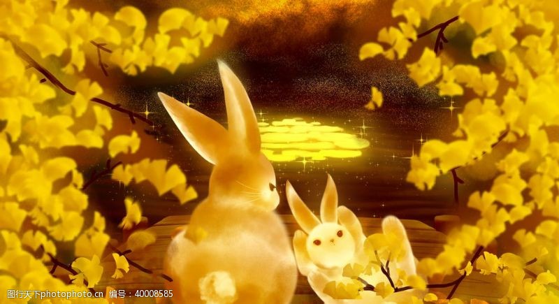 彩绘地球金秋兔子插画图片
