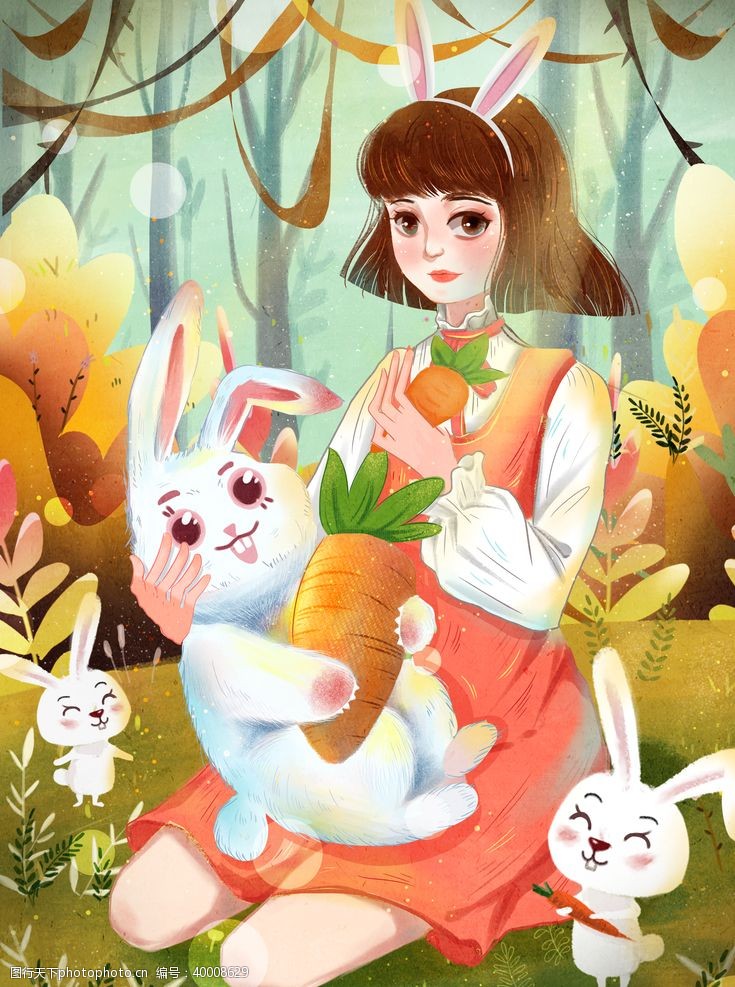小鸟插图女孩兔子插画图片