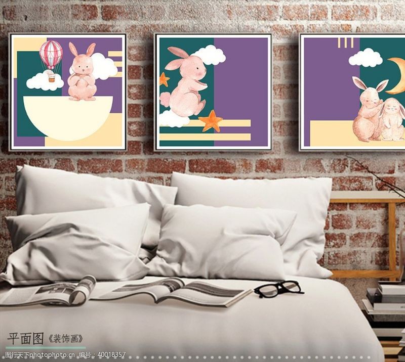 三联欧式手绘动物兔子儿童房装饰画图片