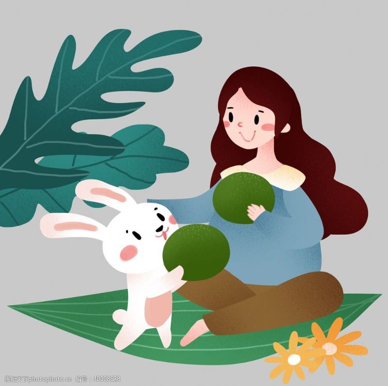小白兔兔子女孩插画图片