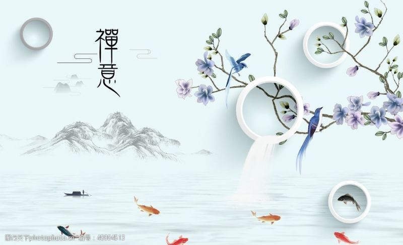 白梅新中式禅意山水背景墙图片