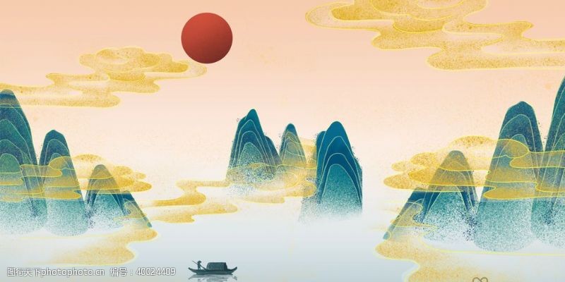 渔具店广告新中式山水画背景图片