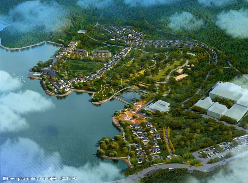 中式园林沿海渔村景观山体鸟瞰效果图图片